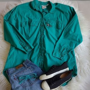 KIKOMO VINTAGE Shirt Button-Down Teal Embroidered 20